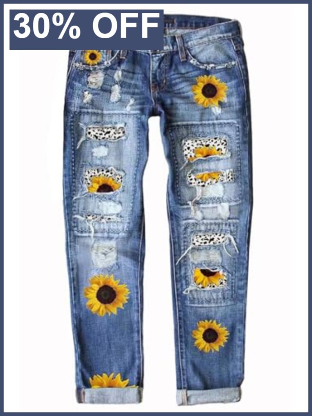 Patch Ripped Boyfriend Distressed Stretch Skinny Denim Jeans with Holes